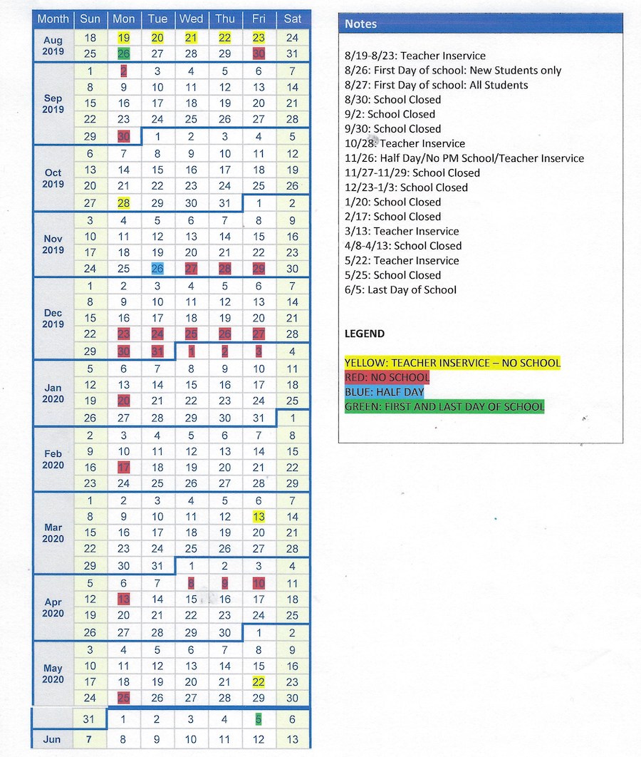 Whiteland Montessori School 2020 calendar